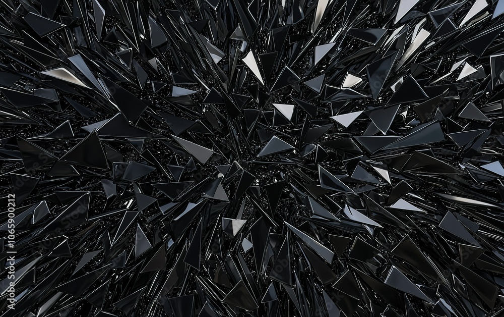 Poster abstract close-up of shiny black triangular shapes densely packed together, creating a striking text