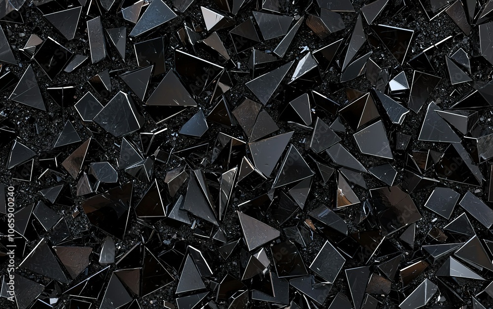 Poster close-up view of scattered black crystal shards on a textured surface showcasing intricate shapes an