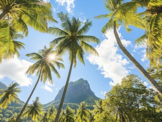 Naklejka premium Tropical Paradise: Lush Palm Trees and a Mountain Range