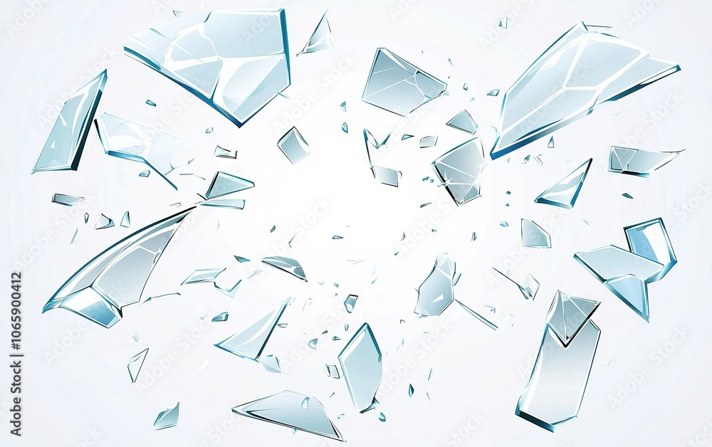 Poster shattered glass pieces scattering in various directions against a light background, creating a dynam