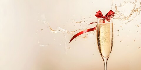 A tall, elegant champagne flute filled with golden, effervescent bubbles is beautifully adorned with a flowing red ribbon tied in a bow.  - Powered by Adobe