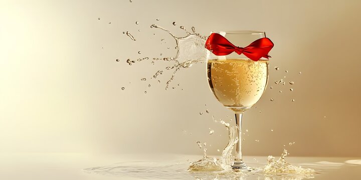 A tall, elegant champagne flute filled with golden, effervescent bubbles is beautifully adorned with a flowing red ribbon tied in a bow. 