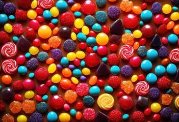 Fototapeta premium vibrant close assorted colorful candy displays featuring kaleidoscope textures providing tempting treat eyes, sweets, treats, lollipops, gummies
