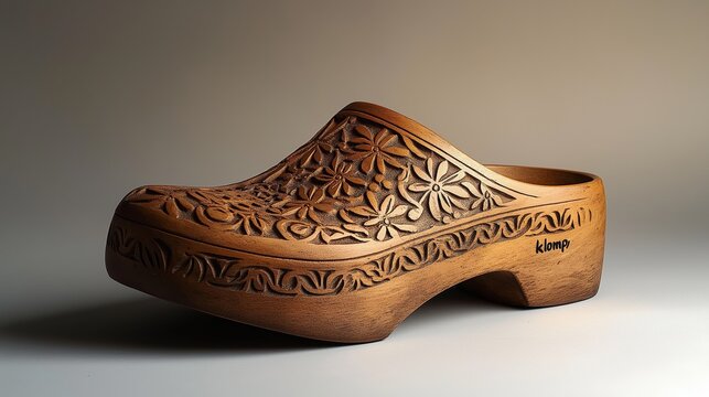 Traditional wooden clog with intricate floral carvings, reflecting craftsmanship, culture, and the art of wooden shoe making, Generative AI