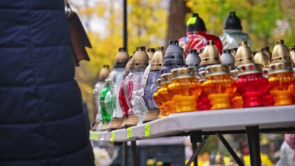 Grave Votive Candle Glass Vigil Light Sold on Outdoor Market Stand by City Cemetery on All Saints Day