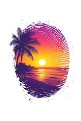 Silhouette of Tropical Sunset with Palm Tree Framed by Fingerprint, Representing Travel, Identity, and Exotic Getaway, Generative AI