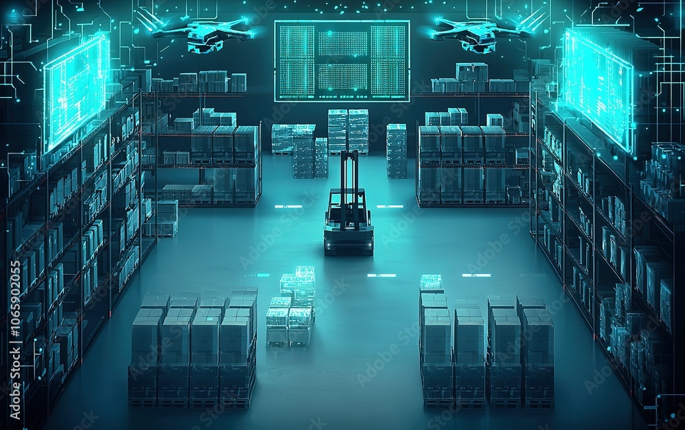 Poster a modern warehouse using drone technology and automated systems for efficient inventory management a