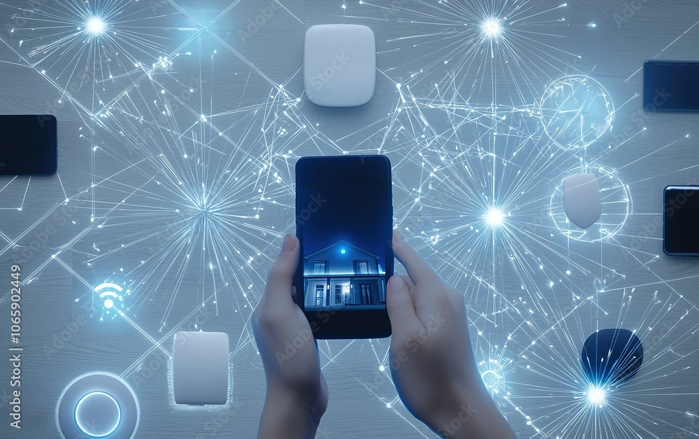 Poster hands holding a smartphone displaying a house at night while connected to smart technology elements 