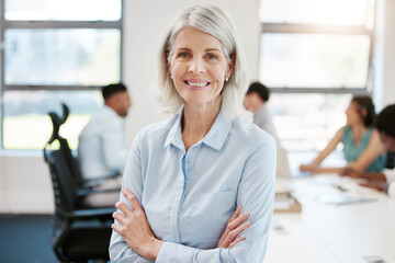 Portrait, mature woman and pride in office as ceo or entrepreneur for human resources agency....