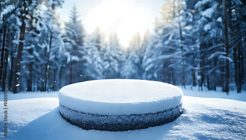 Poster snowy round podium winter forest product placement display needs setup quickly outside