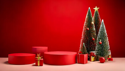 stand product showcase red background christmas tree holiday season cosmetic product display