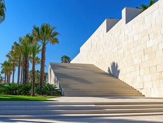 Obraz premium A white building with a staircase leading up to it. The stairs are white and there are palm trees in the background