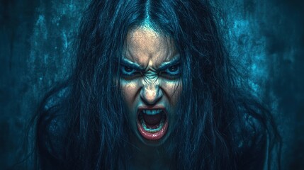 A woman with long black hair screams with anger, her face contorted in fury.