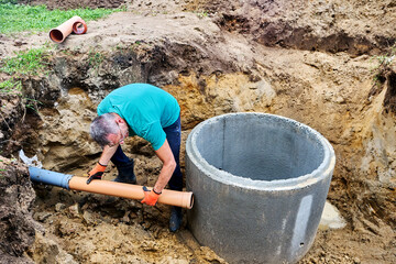 Outlet of sewer pipe from first septic tank compartment for entry into biological compartment.