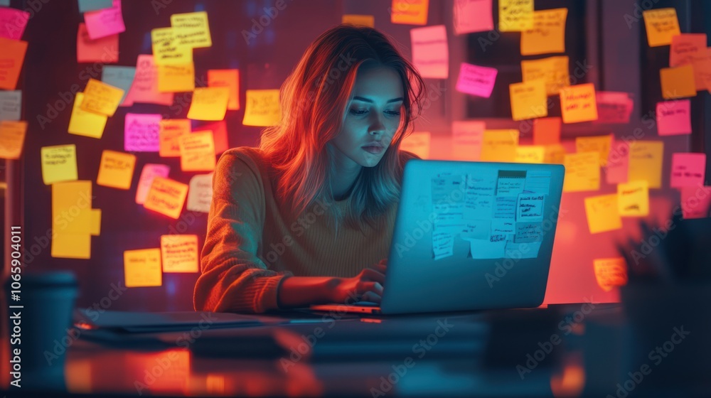 Poster a focused individual working on a laptop surrounded by colorful sticky notes in a dimly lit room.