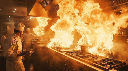 a fire in a profession kitchen