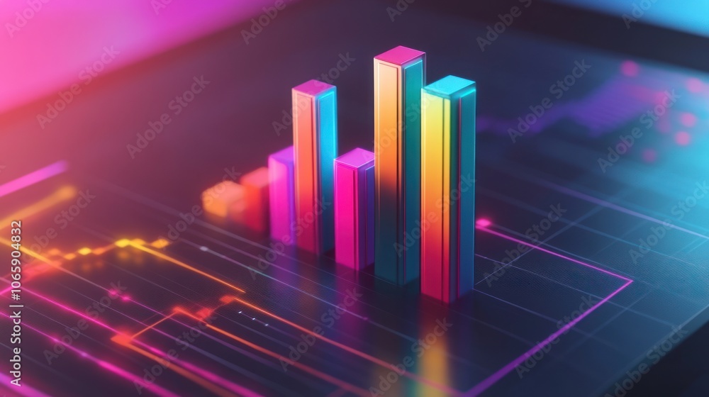 Poster a vibrant 3d bar graph on a digital interface, representing data analysis and trends.