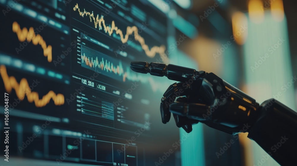 Poster a robotic hand interacting with digital data on a screen, symbolizing technology and analytics.