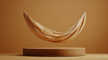 3D-Rendered Wooden Podium With Wavy Silk Fabric Flowing On Top