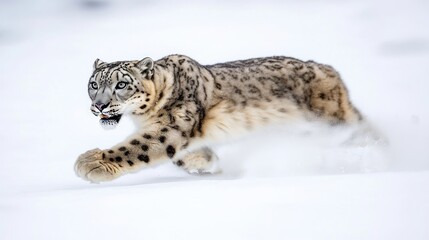 Fototapeta premium A snow leopard gracefully running through a snowy landscape.