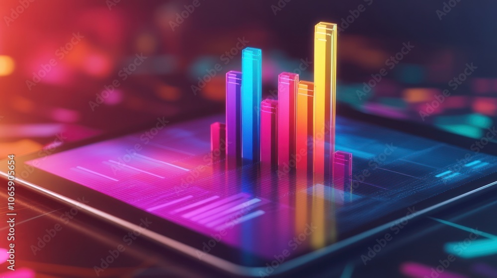 Aufkleber vibrant 3d bar graph emerging from a tablet screen, showcasing data visualization.