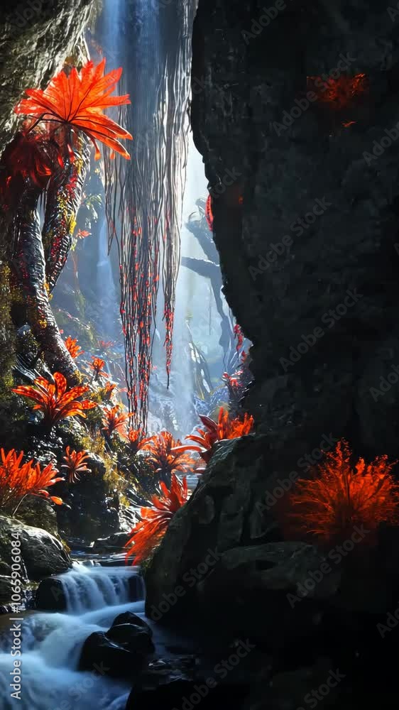 Aufkleber exploring a mystical cave with vibrant orange flora and a flowing stream in a serene environment