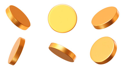 3D set realistic golden coins with different angles. Symbol of gold and wealth. Stock vector illustration on isolated background.	
