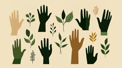 Illustration of human hands and green leaves of plants. Caring for natur
e and the contribution of each person to the environment
