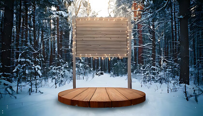 wooden christmas advertisement stand beautiful winter forest backdrop festive decorations lights surrounding