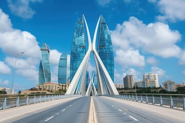 Obraz premium Empty bridge leading towards the modern flame towers in baku, azerbaijan under a blue sky with clouds