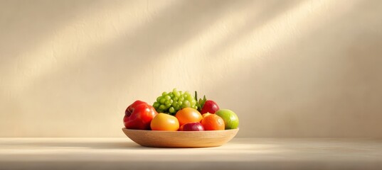 Assortment of fresh, colorful fruits in a wooden bowl