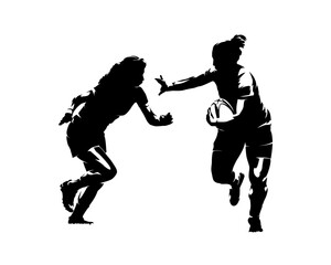 Rugby women, team sport athletes, isolated vector silhouette, ink drawing