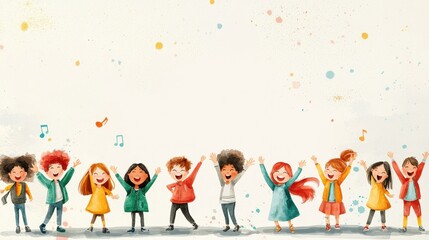 A cheerful illustration of diverse children joyfully celebrating and singing together, radiating happiness and unity.