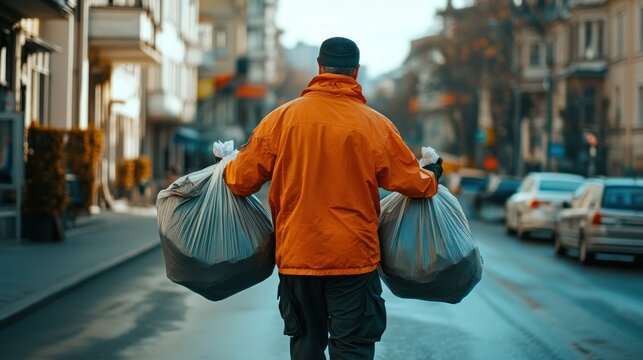 A person in an orange jacket carries two bags of garbage down a city street.