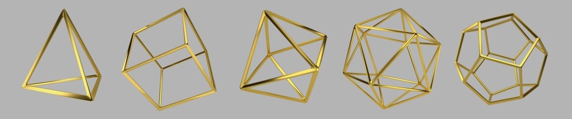 Set of Golden Platonic solids isolated on a gray background. Dodecahedron, icosahedron, tetrahedron, octahedron, hexahedron. Modern background with geometric shape of the Platonic solids.