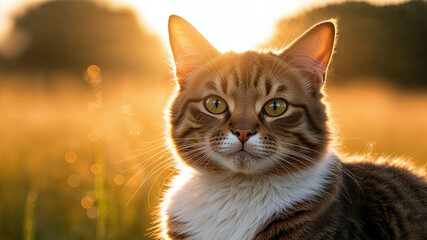 Fototapeta premium A Playful Tabby Cat Gazes Thoughtfully in a Golden Field During Sunset's Warm Glow