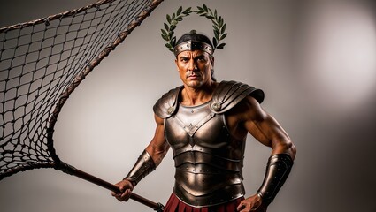 Obraz premium A Fierce Warrior in Armor Stands Confidently With a Net, Embodying Roman Strength and Valor