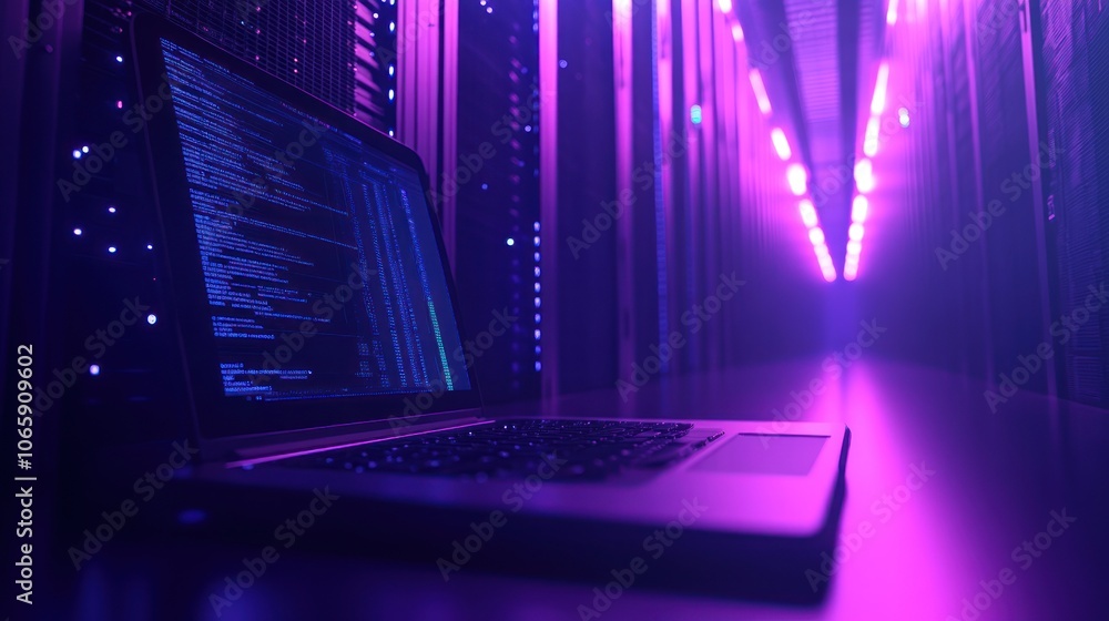 Poster a laptop displaying code in a server room illuminated by purple lighting.