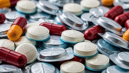 A Colorful Array of Various Pills and Capsules Scattered on a Surface in a Dynamic Display