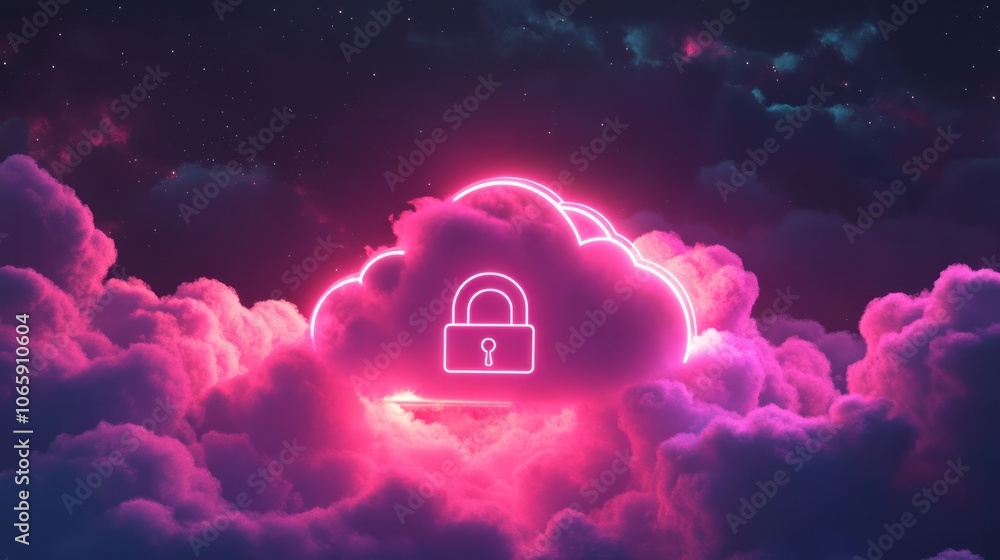 Poster a glowing cloud with a padlock symbol, representing digital security and data protection.