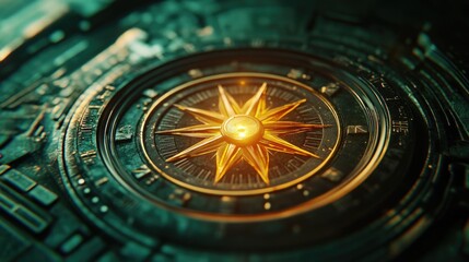 Gold compass on green surface
