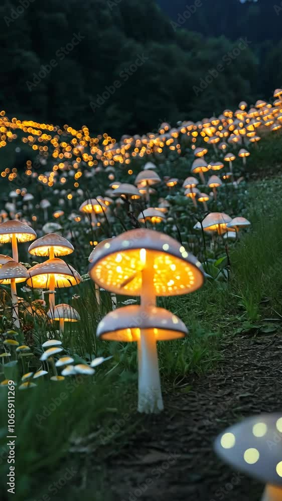 Poster enchanting glowing mushrooms illuminate a forest path at twilight, creating a magical atmosphere