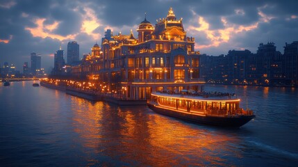 Naklejka premium A luxurious palace-like building with ornate architecture and lights on a river at dusk, with a boat passing in front.
