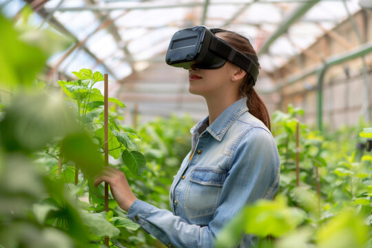 Female farmer wears VR or AR glasses in green greenhouse. Modern agricultural practices with virtual reality simulators. Smart farming with AI, futuristic agriculture concept