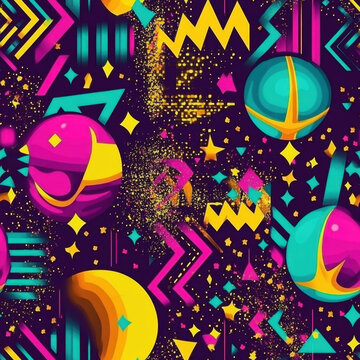 A vibrant, abstract design featuring colorful planets, geometric shapes, and sparkles against a dark background represents a fun cosmic theme.