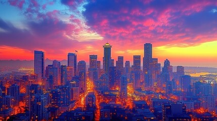 Fototapeta premium A vibrant sunset casts a warm glow over the skyline of a modern city.
