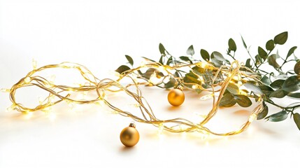 Golden fairy lights twisted into a loop, isolated on a simple white background, with mistletoe and tiny ornaments scattered around