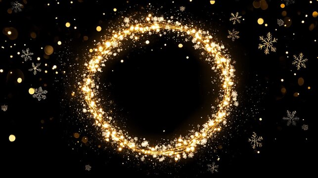 Golden lights shaped into a circle, with small snowflakes and tiny wreath decorations scattered around on a black background - Powered by Adobe