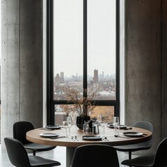 A table with a vase of flowers and a city view in the background. There are four chairs around the table
