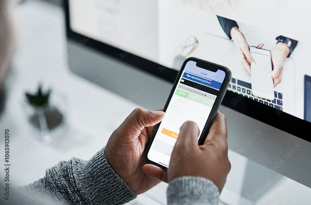 Aufkleber hands, mobile and phone screen for recruitment with online application, ux and connection in office.